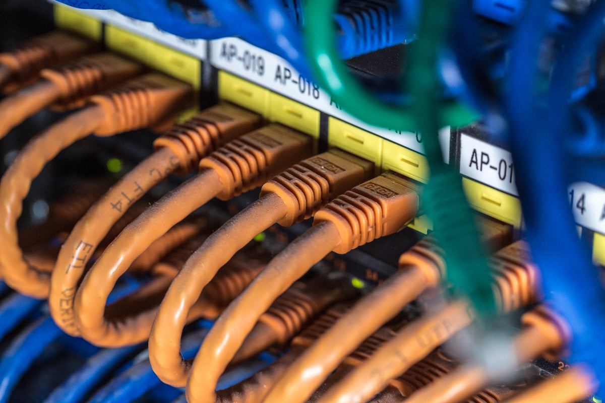 Network cables connected to labelled ports